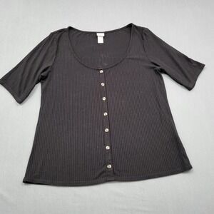 HM Womens Black Ribbed Knit Scoop Neck Button Front Top Large‎ 0832359